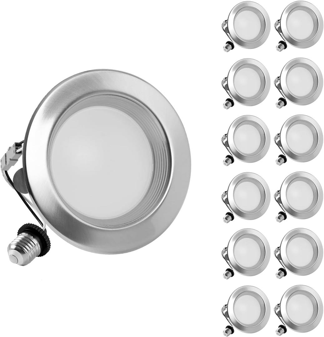 ZYC Brushed Nickel Recessed Lighting 4 Inch, 12 Pack Recessed LED Retrofit Lighting, 2700-5000K 5CCT Selectable, Damp Rated Can Lights, Baffle Trim, 9W 800Lm(Brushed Nickel, 4 inch)