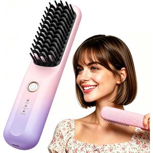 Cordless Hair Straightener Brush Portable Ionic Frizz-Free Straightening Brush Rechargeable Hair Iron Type-C Fast Charging, Portable Travel Styling Tool for Women(Ombre Color)