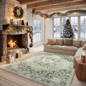 57 Machine Washable Rug for Living Room, Boho Vintage 57 Area RugDistressed Accent Low Pile Ultra Soft Large Carpet for Bedroom Bathroom Dining Room, Floral/Green
