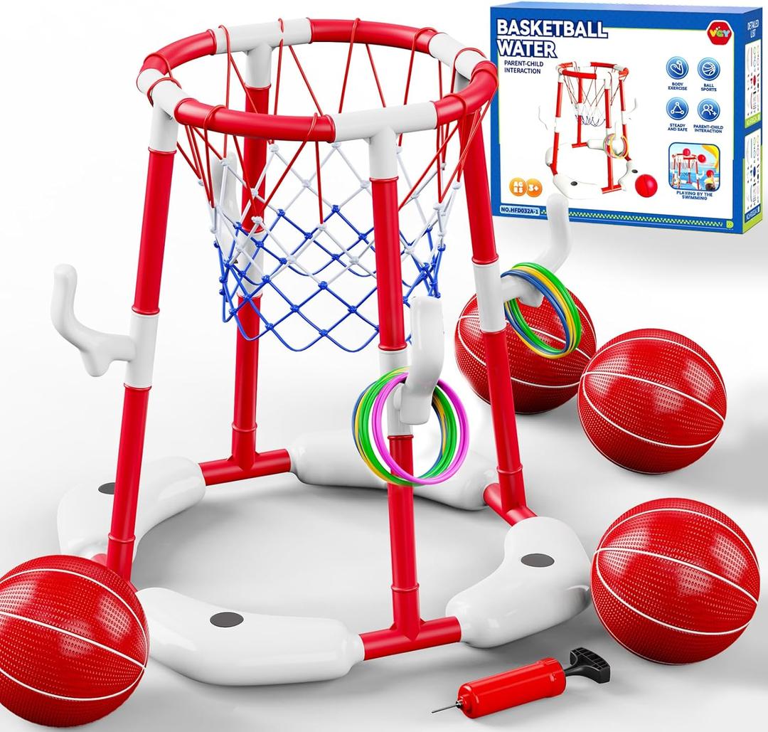 VGY Pool Basketball Hoop 2-in-1 with 4 Balls, 12 Rings & Pump - Floating Water Basketball Set for Swimming Pool Games, Outdoor/Indoor Family Toy Kids Ages 3-12 & Adults