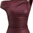 Milumia Women's Asymmetrical Off The Shoulder Leather Top Y2k Ruched Going Out Crop Tank Tops (Red, S)