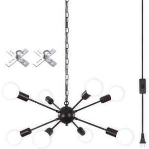 LASENCHOO 8 Lights Plug in Chandelier,Hanging Lights with Plug in Cord 16.4ft & On/Off Switch,Black Plug in Pendant Light,Modern Sputnik Chandeliers for Dining Room Living Room Bedroom Kitchen Island