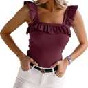Womens Cute Sleeveless Tank Tops Ruffle Strap Square Neck Blouse Solid Color Knitted Camisole (Medium, Burgundy)