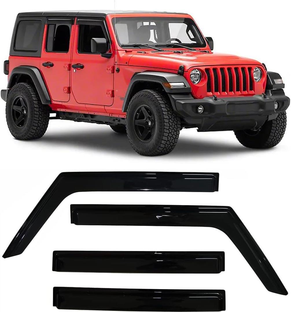 Tape-On Side Car Window Visors Rain Guards for 2018-2025 Jeep Wrangler JL 4 Door Smoke Tinted Vent Deflector Sun Shades