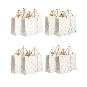 Sparkle and Bash 16-Pack Medium White and Gold Gift Bags with Handles & Tags for Weddings Baby Bridal Showers Birthday Party Favors, 4 Geometric Foil Designs (8 x 10 x 4.5 Inch Gift Bag)