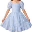 GRACE KARIN Girls Summer Tie Back Dress Square Neck Lantern Sleeve Ruffle Hem Elegant Dresses for 7-14 Years (Blue)