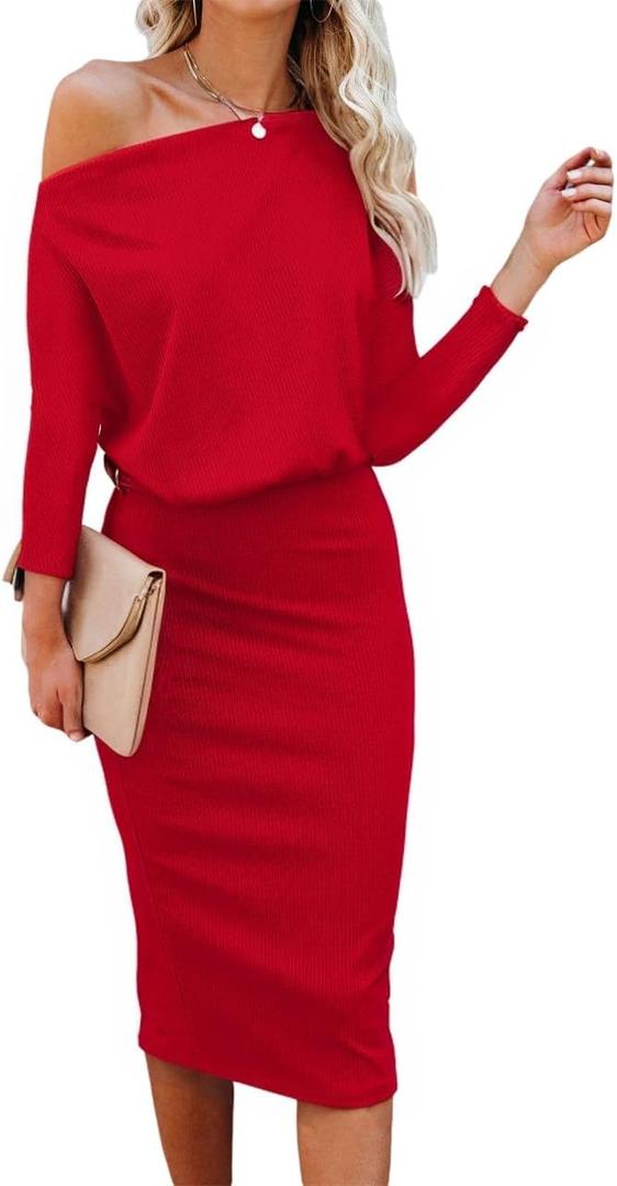 Ezbelle Women's Off The Shoulder 3/4 Sleeve Batwing HIPS-Wrap Pencil Party Sexy Bodycon Midi Dress Loose (Red, L)