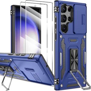 for Samsung Galaxy S23 Ultra Case with Slide Camera Cover, 2X Screen Protector, Built-in 360 Rotate Ring Kickstand, Military Grade Shockproof Phone Case for Samsung S23 Ultra 5G 6.8 inch-Blue