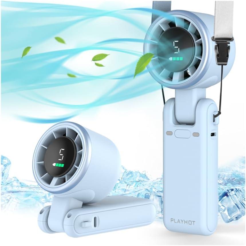 Portable Handheld Turbo Fan, 5-Speed Personal Fans, 5000mAh Rechargeable Fans Up to 12 Hours, Weight only 0.6lb Small Fan, Hand/Neck/Desk Fan 3 IN 1, Beach Vacation Essentials(Blue)