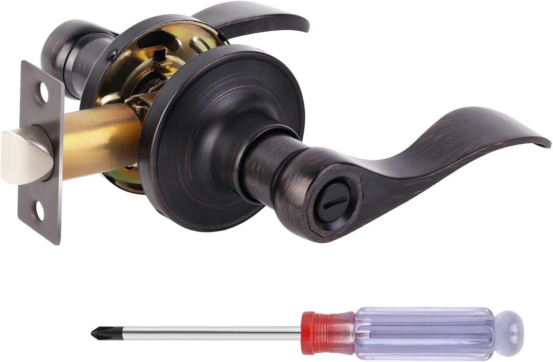 Privacy Door Lever Handle Lock, Wave Style Door Levers with Screwdriver, Interior Privacy Door Levers for Bed/Bath Room, Reversible Handle Locks, Oil Rubbed Bronze, 1 Pack