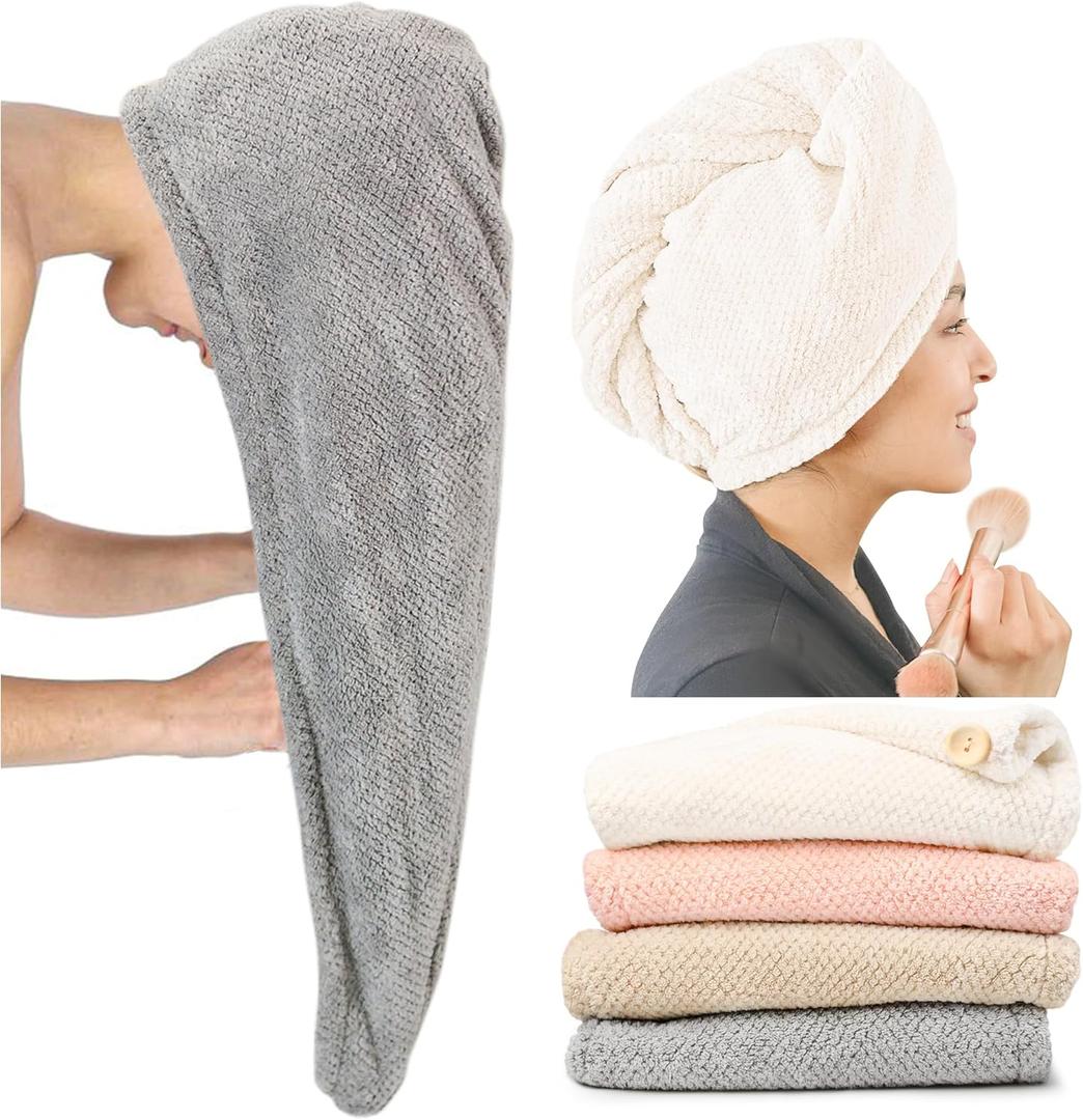 ROLSHOL Extra Large 4 Pack Microfiber Hair Towel Wrap for Women Super Absorbent & Quick Dry Hair Drying Towels with Button, Hair Turbans for Curly Hair Long & Short Hair - Anti-Frizz (Beige, Pink, Gray, Khaki)