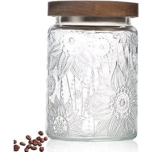24 OZ Airtight Glass Storage Jar with Bamboo Lid - Vintage Glass Jar Vintage Food Containers Canisters Set for Kitchen Counter & Pantry - Ideal for Sugar, Flour, Coffee, Tea, Candy, Oats, Cereal