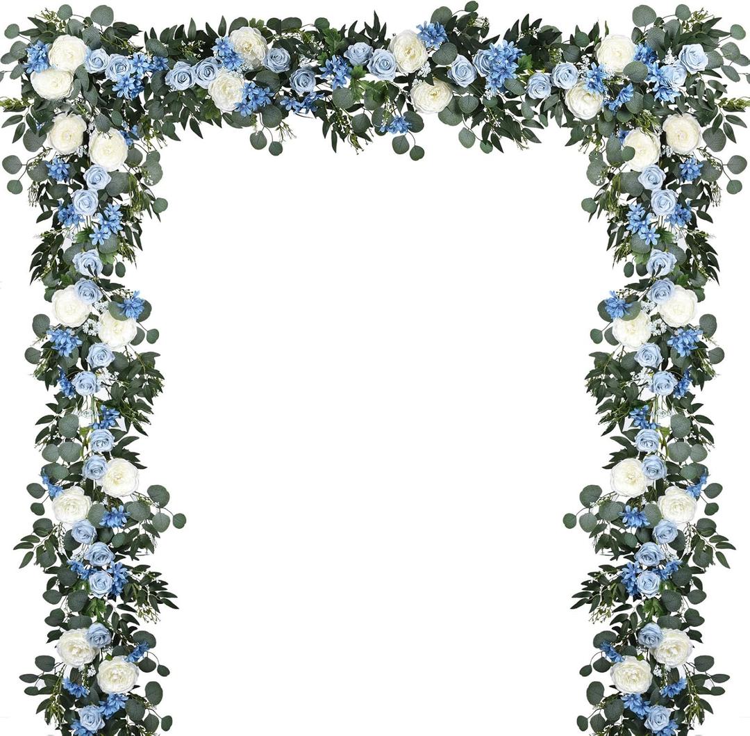 Lvydec 2 Pack Artificial Peony Flower Garland - 6ft Silk Peony Vine Willow Leaves and Eucalyptus Garland White Arch Flower Vine for Wedding Party Table Decoration (Blue)
