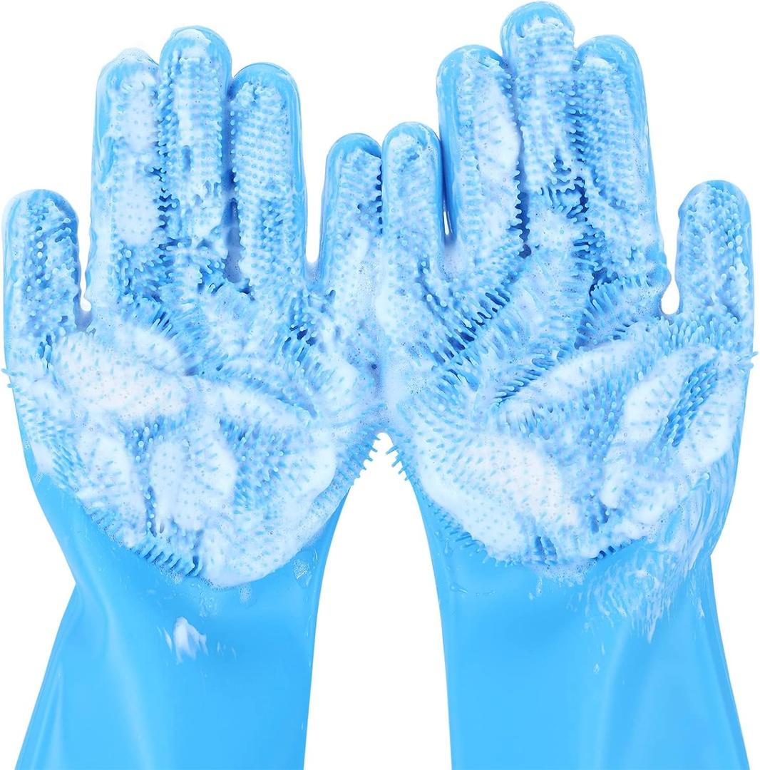 Pecute Pet Grooming Gloves Large, Heat Resistant Cat Bathing Gloves with High-Density Teeth, Silicone Dog Bathing Gloves with Enhanced Five Finger Design, for Washing, Bathing, and Massaging (Blue)