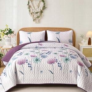 Purple Quilt Set King, Floral Printed Bedspread Coverlet Set | Purple Blue Flower Printed Beige Bed Cover, Soft Microfiber, Farmhouse Bedding for Women, Spring Autumn, King (104"x96")