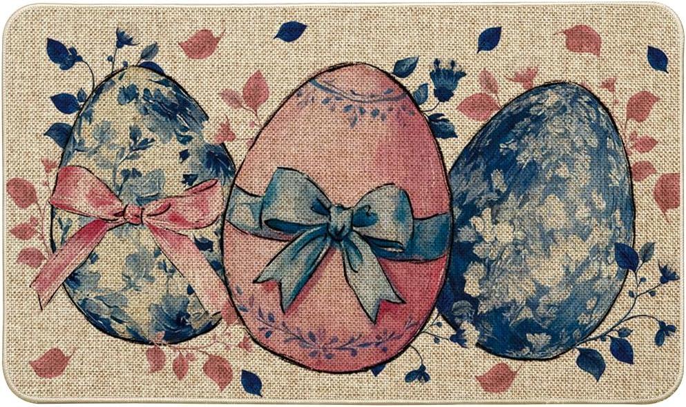 Artoid Mode Bunny Rabbit Eggs Bow Easter Doormat, Home Decor Low-Profile Switch Rug Door Mat Floor Mat for Indoor Outdoor 17x29 Inch