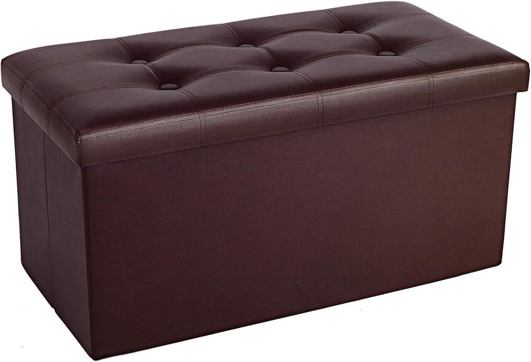 COSYLAND Ottoman Bench with Storage - 30x15x15in Folding Leather Ottoman, Rectangle Foot Stool Foldable Storage Chest Footrest Footstool Collapsible with Lid for Bedroom Living Room Brown