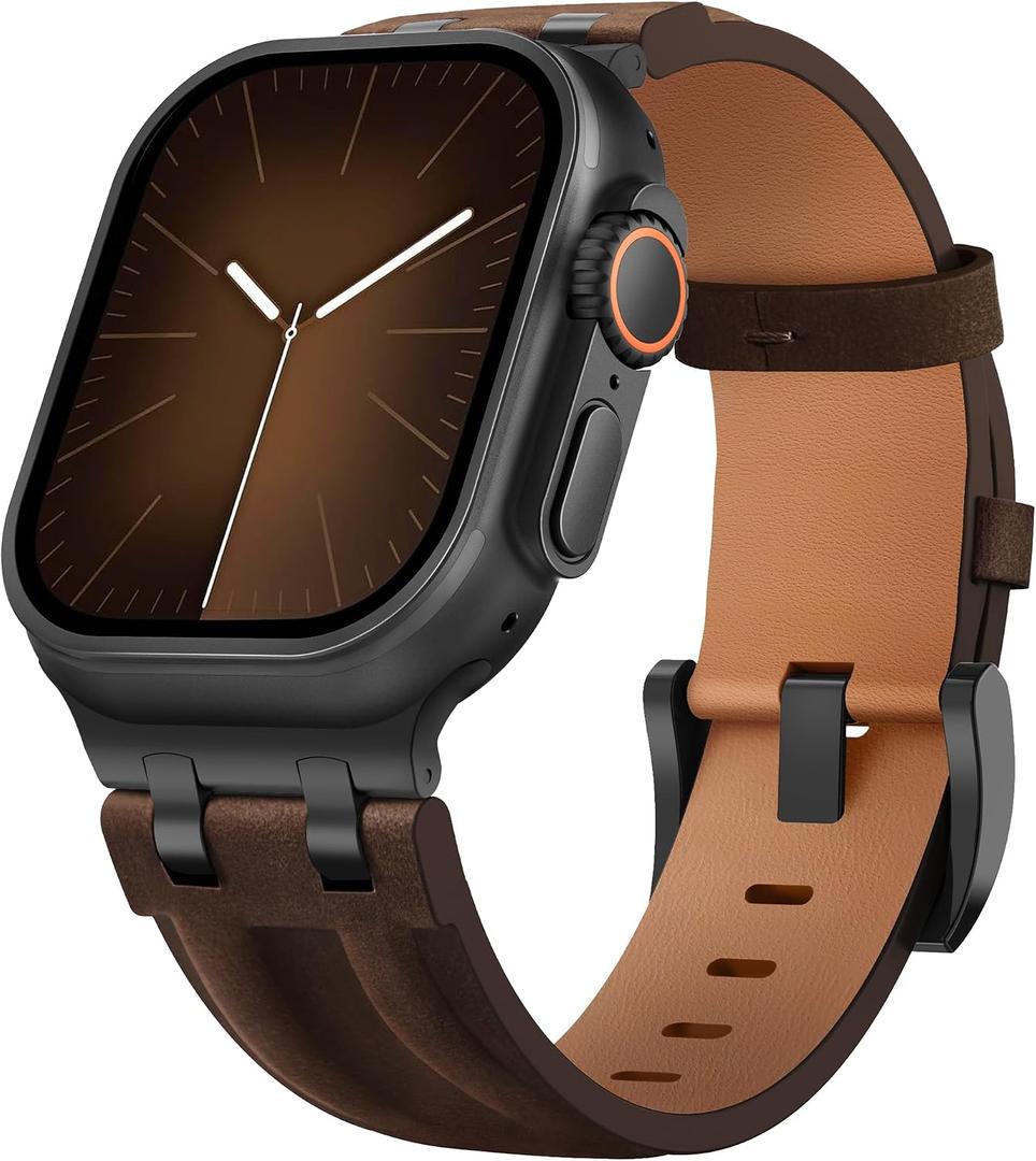 Leather Band Compatible with Apple Watch Ultra 3/Ultra 2 Band 49mm 46mm 45mm 44mm, Mens Rugged Stainless Steel Seamless Clasp Genuine Leather Replacement Strap for iWatch Ultra 3 2 1, Series 11 10 9 8 7 6 5 4 3, SE 3 2 1