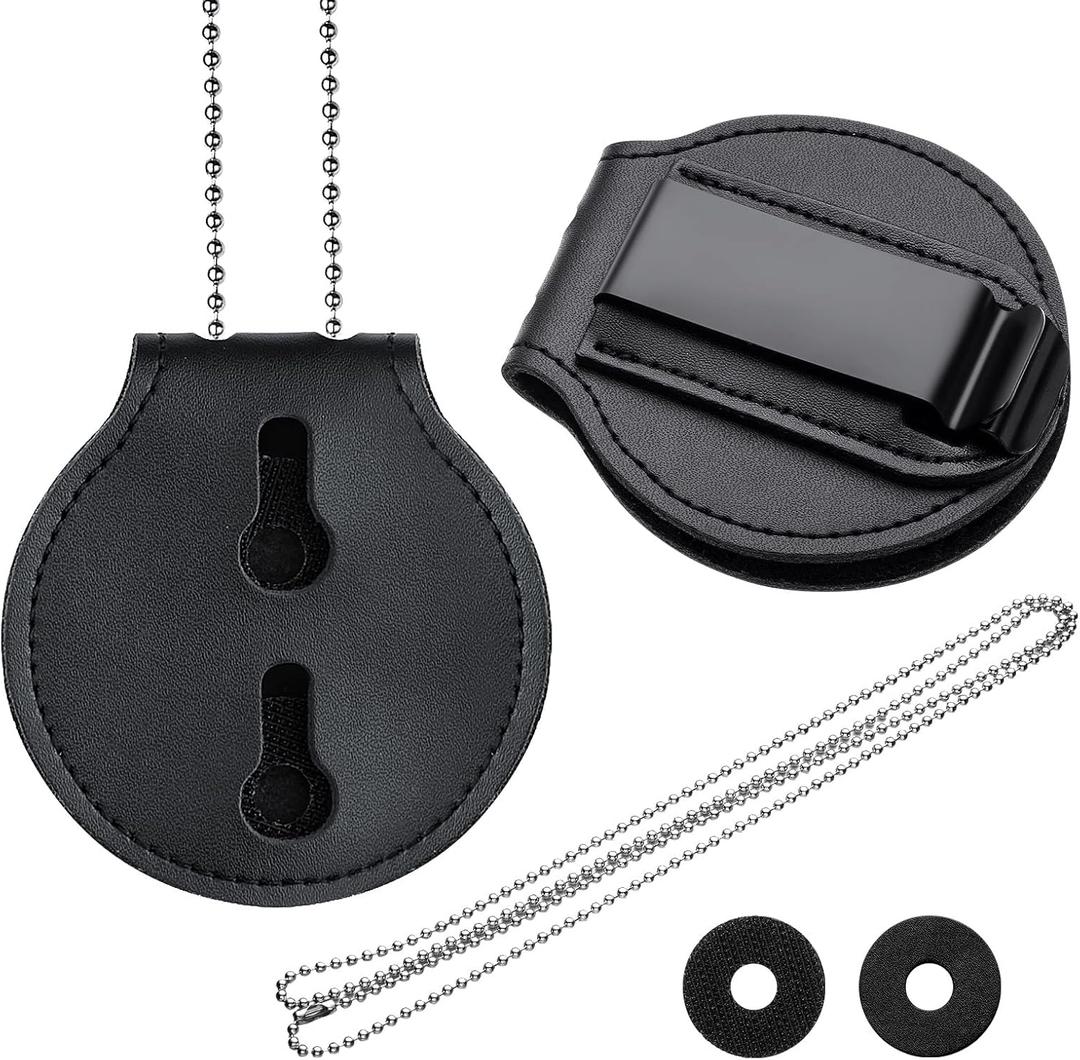 Sadnyy Police Badge Holder Neck Chain Leather Badge Security Card Holder with Inside ID Storage for Police, Firefighter, Detective (Round)