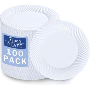 7 Inch White Plastic Plates, 100 Count Disposable Heavy Duty Dessert Plates, Durable Disposable Salad Plates,Premium Hard White Plates for Party, Weddings & Events