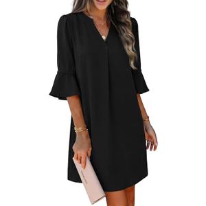 RUMIA Shift Dress for Women V Neck Ruffle Sleeve Loose Summer Office Work Casual Dress (Black, XL)