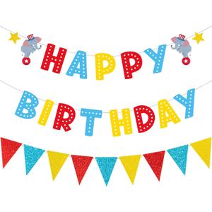 Zwiebeco Red Blue Yellow Carnivals Happy Birthday Party Decoration Banner Triangle Flags Pennant Sign Hanging Paper Garland Bunting for Kids Adults Circus Themed Accessories Supplies