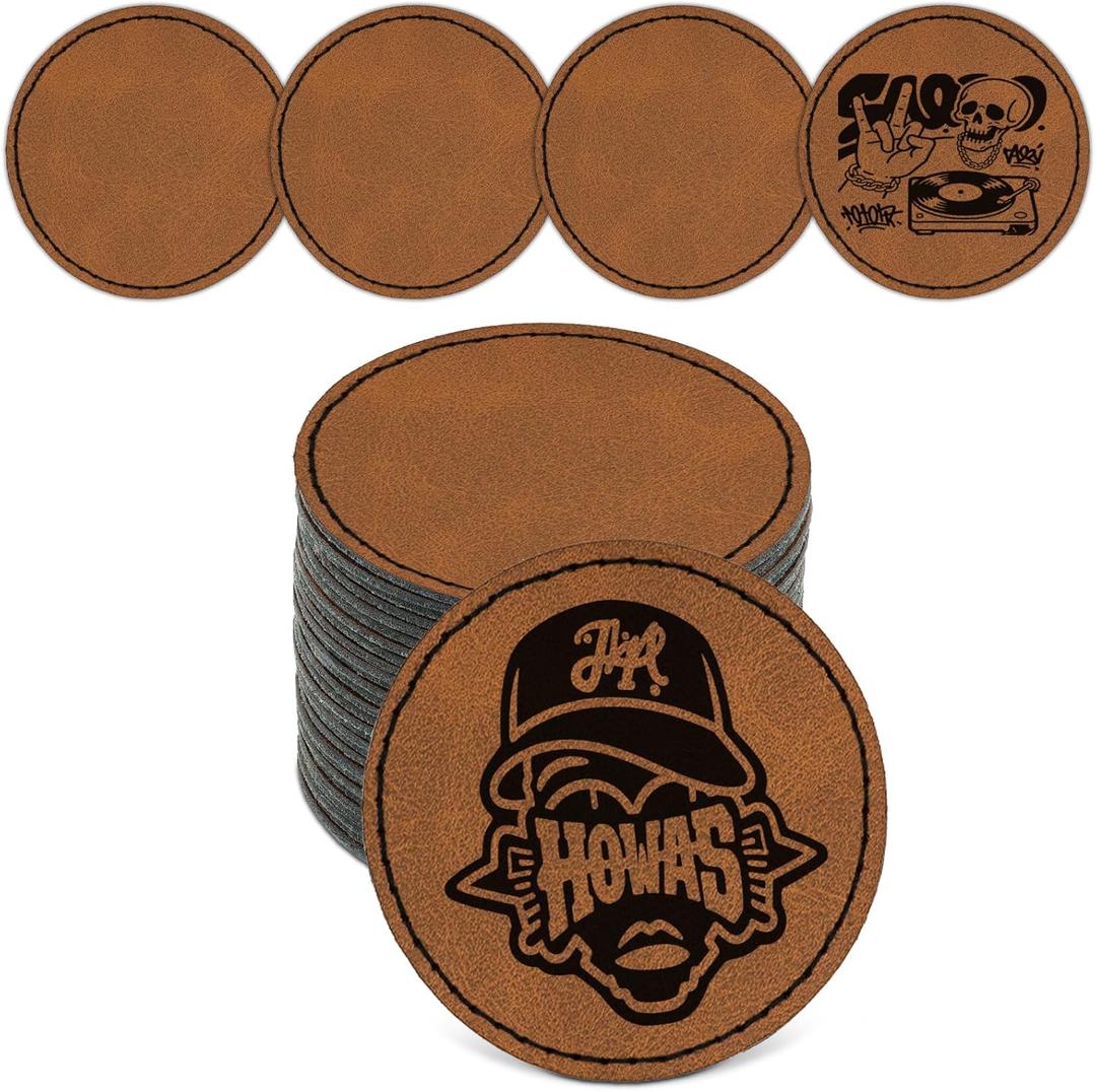 Blank Leatherette Patches for Hats, Iron On Patches for Clothes Jeans, Artificial Leather with Adhesive for Laser Engraving, Rustic DIY Repair Sewing Crafts 3 x 2 Inches (Pack of 36 Round Brown)