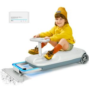 Portable Go Kart, 12v Ride on Race Car, Variable Speed for Kids, 5 Speeds Available, Cleaning Go Kart for 3+ Year Old (Includes Mop), Kids' Electric Wiggle Car with Large Storage- Light Gray