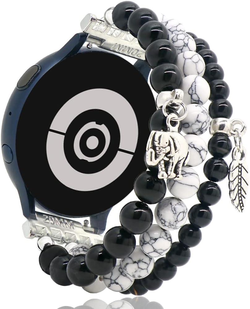 LuReen Beaded Bracelet Band Compatible with Galaxy Watch 7/6/5/4 40mm 44mm/Watch 6 Classic 43mm 47mm/Watch 5 Pro 45mm/Watch 4 Classic/Active 2 Band, 20mm Elastic Stretchy Strap Wristband for Women (Black/White B)