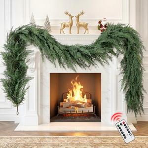 Christmas Cedar Garland Realistic with Lights - Cypress Decorations 9ft for Mantle Lighted Faux Pine Garlands for Xmas Prelit 9ft Door Decor Outdoor Indoor Home Decoration Stairs Railing Fireplace