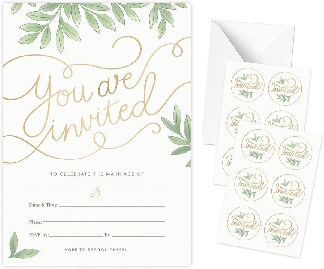 Rileys & Co 50 Pack Wedding Invitation Cards with Envelopes, Bonus Stickers Included, Gold Foil Print & Leaf Design, 5"x7", Wedding Invitations with Envelopes and RSVP Cards, Wedding Invitation Kit