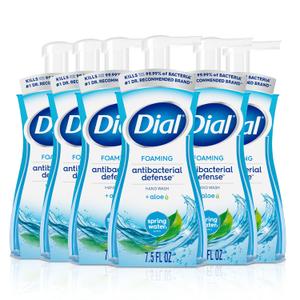 Dial Antibacterial Defense Foaming Hand Soap + Aloe, Spring Water Scent, 7.5 Fl Oz (Pack of 6), Dermatologist-Tested Hand Wash, Gentle on Skin