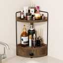 2-Tier Corner Bathroom Countertop Organizer with Drawer, Wooden Vanity Organizers for Makeup and Skincare Storage, Corner Counter Shelf with Embedded Screw Holes, Dark Brown
