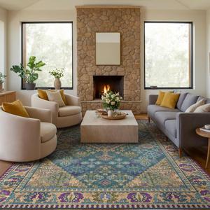 8x10 Area Rugs for Living Room, Machine Washable Low Pile Rug, Non Slip Backing Boho Rugs for Bedroom, Printed Soft Vintage Carpet Teal Green Purple 8 x 10 (Teal/Harvest Gold/Violet/Azure)