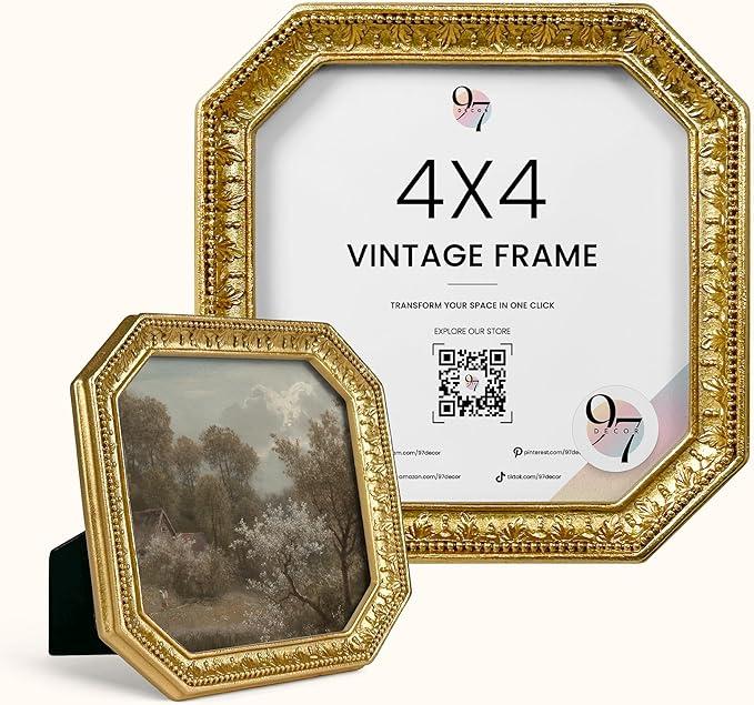 97 Decor 4x4 Vintage Picture Frame  Gold Antique Frame 4x4, Square Ornate Frames 4 X 4 With Glass Front For Tabletop Photo Display And Wall Hanging, Vintage Wall Decor