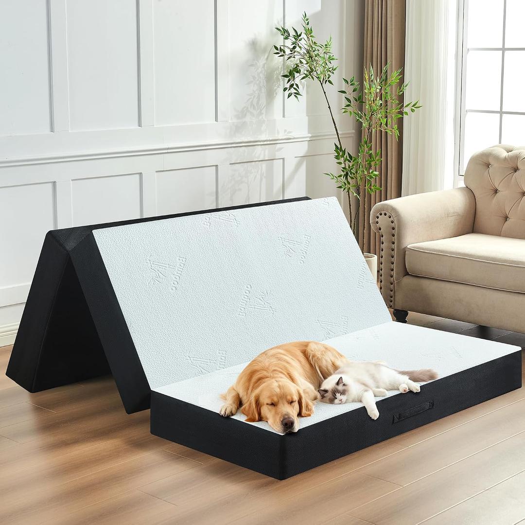 6 Inch Trifold Mattress, Full Size Foldable Memory Foam Mattress with Viscose Derived from Bamboo Washable Cover, Folding Mattress Topper Floor Bed for Camping, Guest, RV, Ventilated