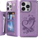 iCoverCase Compatible with iPhone 14 Pro Max Wallet Phone Case with Card Holder for Women, RFID Blocking Embossed PU Leather Wrist Strap Case 6.7 Inch (Heart Purple)
