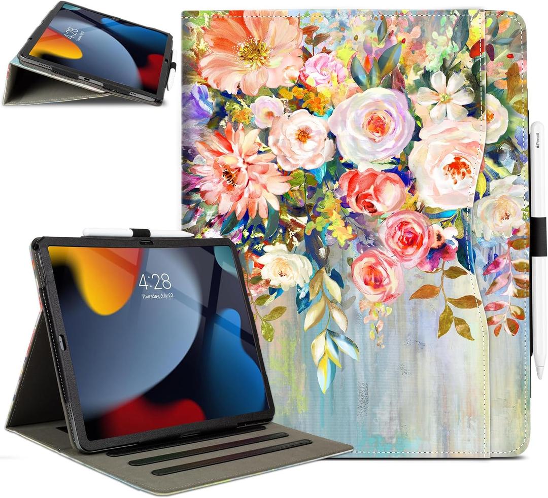for iPad Air 13 Inch Case, for iPad Pro 13 Inch Case, for iPad Pro 12.9 Cases 6th/5th/4th/3rd Generation with Pencil Holder, Typing Stand, 5 Stand Angles, Card Pocket, Oil Painting Flower