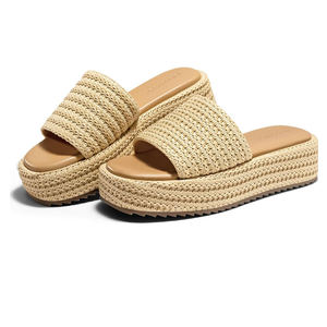 Coutgo Womens Platform Sandals Raffia Espadrilles Slip on Open Toe Cute Boho Summer Beach Slide Sandals, Size 8.5