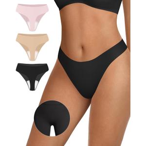 OEAK Seamless Thongs for Women Invisible Thongs No Show Thong Panty Liners Tangas Comfortable Workout G-Strings Underwear (Medium, 1*black+1*skin Nude+1*peach Pink) Pack of 3