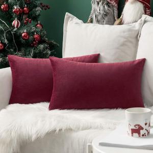 MIULEE Pack of 2 Velvet Soft Solid Christmas Decorative Lumbar Rectangle Throw Pillow Covers Cushion Case Home Decor for Sofa Couch Bedroom Car 12x20 Inch Wine Red