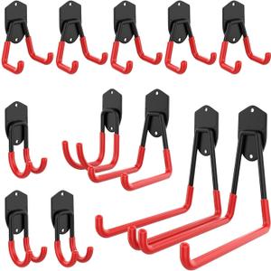 12PCS Garage Storage System Hooks, Wall Mount Heavy Duty Rubber Coated Utility Hooks for Garden Tools, Ladders, Cords, Folding Chairs, Weed Eaters, Shovels and Rakes