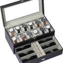 AUTOARK Leather & Velvet 12 Watch Box Jewelry Case and 6 Piece Sunglass Eyeglasses Organizer,2 Layers with 1 Drawer,Lockable,Large Glass Top,Black,MKAW043