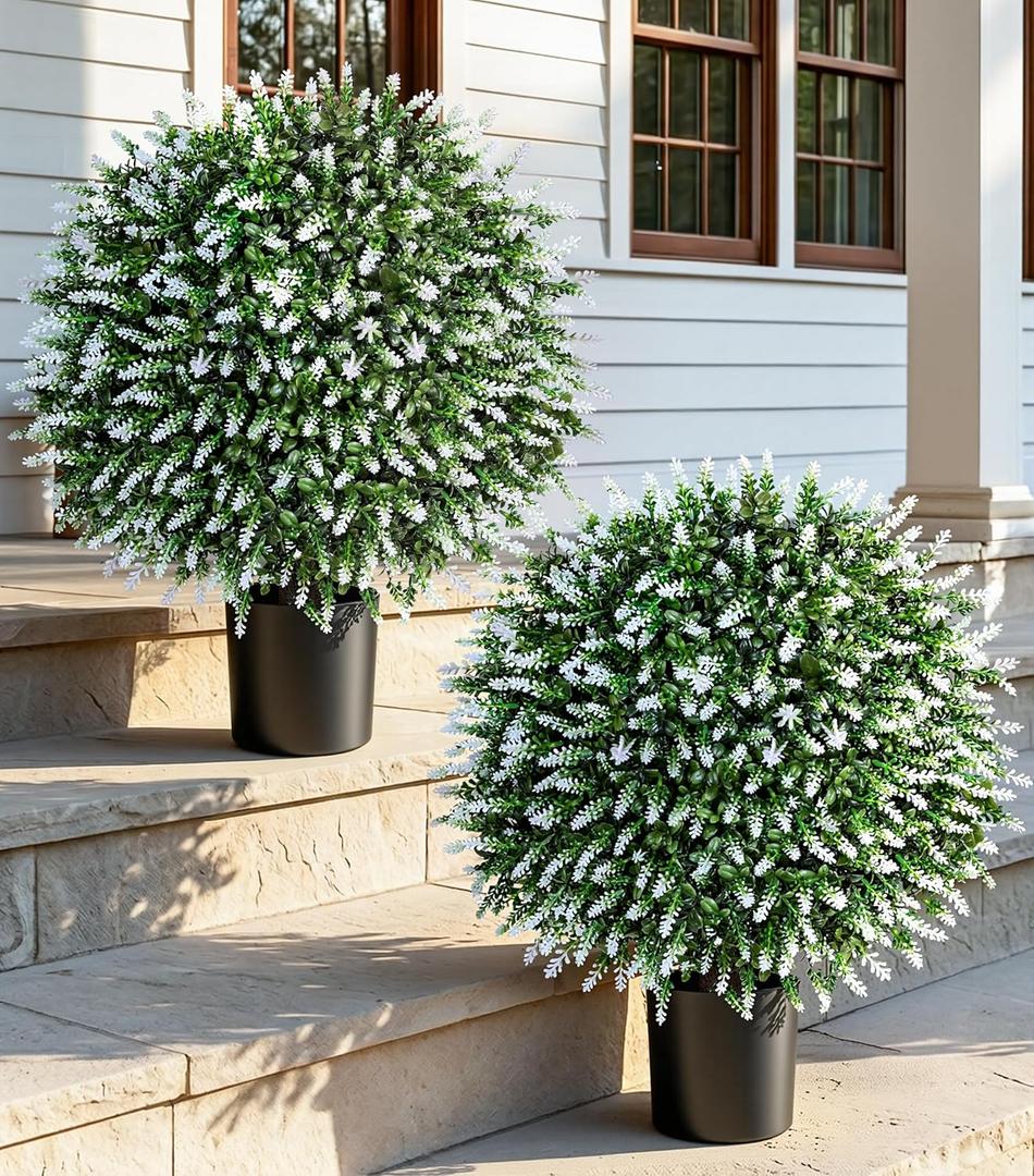 DREAMLOOM Topiary Trees Artificial Outdoor Ball in Planter, 20in Outdoor Indoor Realistic Fake Plants Shrubs for Front Porch Decor, Faux Bushes Plants for Home Front Door Offices, Set of 2
