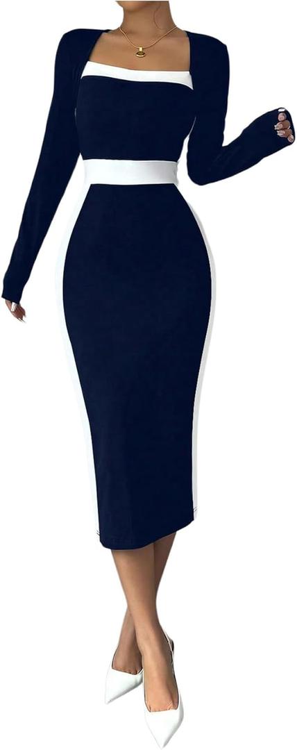 SOLY HUX Women's Midi Dress Color Block Square Neck Long Sleeve Bodycon Dresses (Dark Blue and White) S