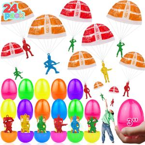 24 Pack Large Prefilled Easter Eggs Fillers with Airplane Parachute Toys for Boys Kids Girls Gifts Easter Basket Stuffers Essential Egg Hunt Kids Teens Hand Throw Flying Toy Outdoor Party Favors