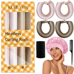 Satin Heatless Hair Curler, 16 Piece Set, Overnight Heatless Curls, Not easy to slip Heatless Curling Rod You Can Sleep In, Soft Silk DIY Hair Styling Tools Kit, Silk Bonnet for Sleeping-Khaki