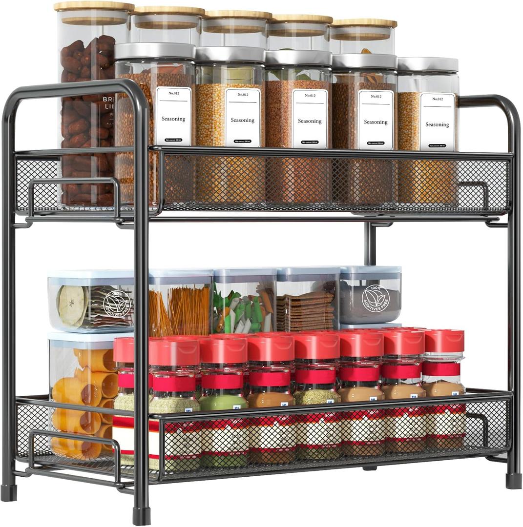 Spice Rack Organizer for Countertop,Xpatee 2-Tier Foldable Metal Rust-Proof Standing Large Seasoning Storage Shelf with Guardrail and Mesh Design for Kitchen Cabinet Bathroom Living Room Pantry, Black (Black-1 pack)