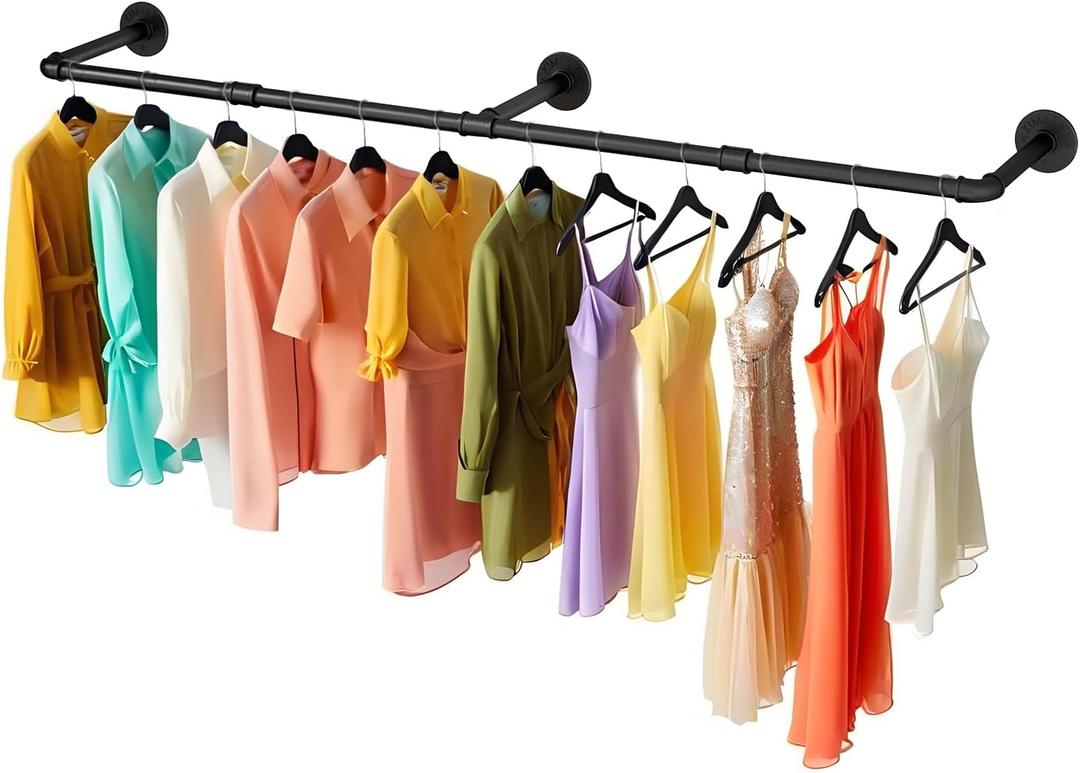 Wall Mounted Clothes Rack 60in, Industrial Pipe Wall Mount Clothing Rack,Heavy Duty Iron Garment Rack Bar for Laundry Room, Closet Storage, Multi Purpose Hanging Rod,Black