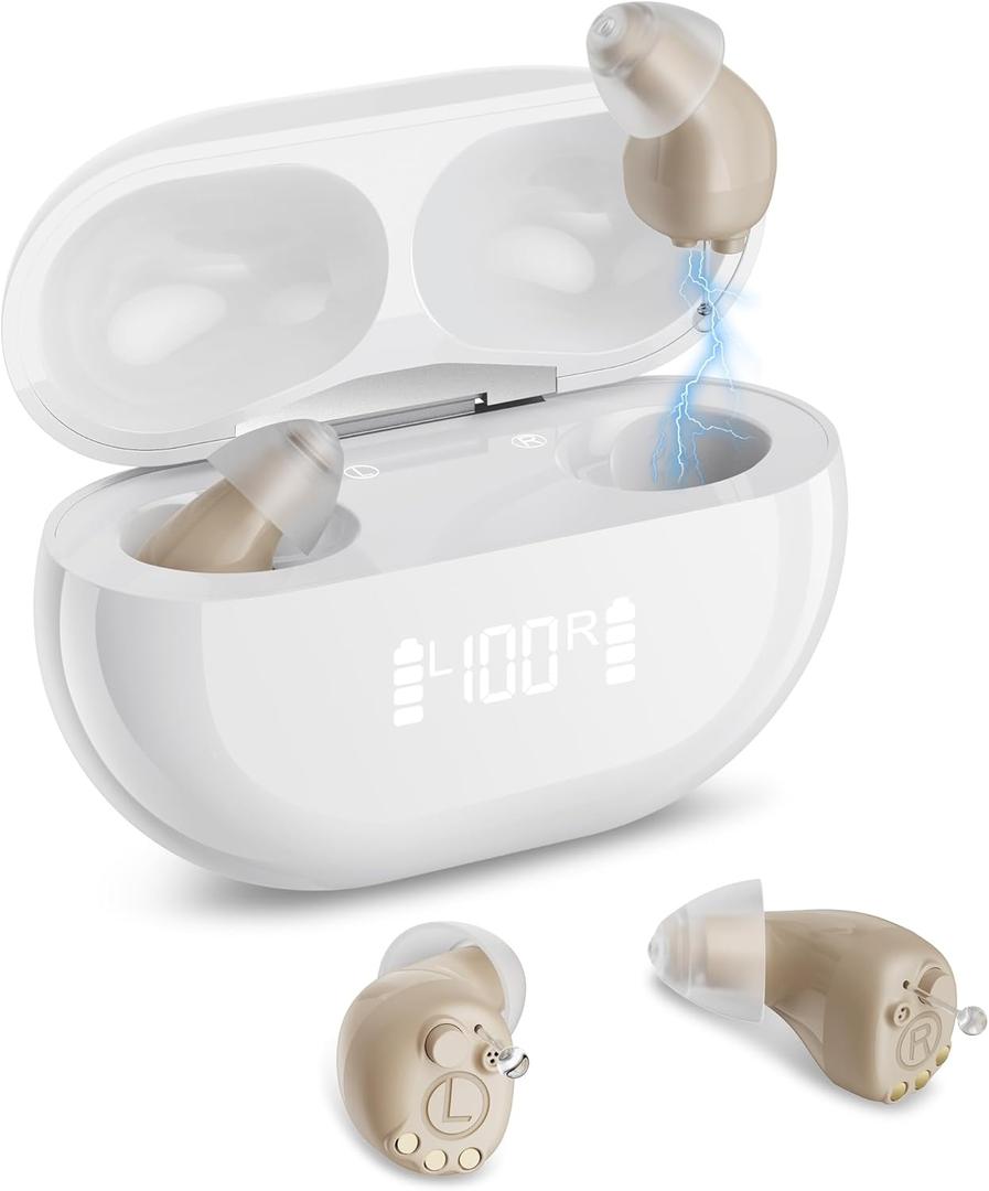 Hearing Aids for Seniors, Invisible Rechargeable Digital OTC Hearing Aids (Not Amplifiers) with 16-Channel Sound Processing Noise Cancelling Auto-On/Off (Beige)